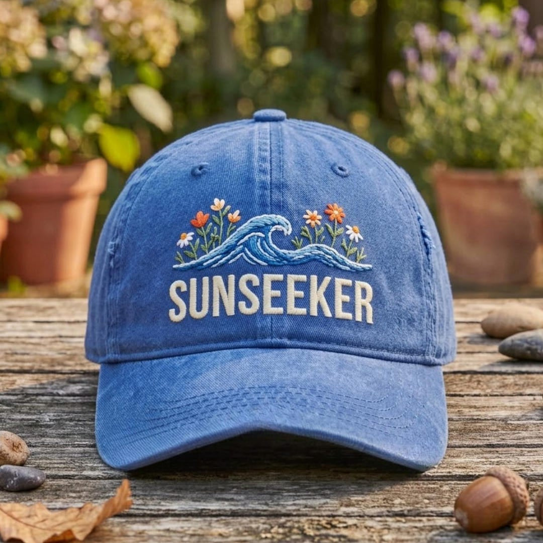Sunseeker Ocean Waves Wildflowers Floral Summer Beach Embroidered Hat — Washed Hat