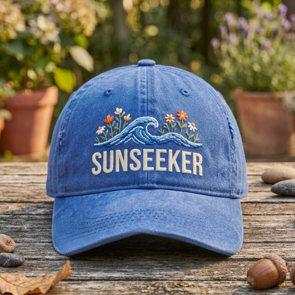 Sunseeker Ocean Waves Wildflowers Floral Summer Beach Embroidered Hat — Washed Hat
