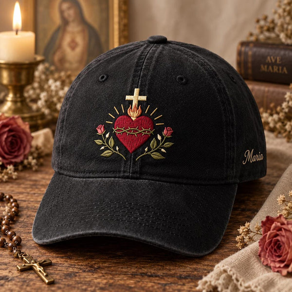 Personalized Sacred Heart Cross Roses Crown of Thorns Faith Embroidered Hat — Washed Hat