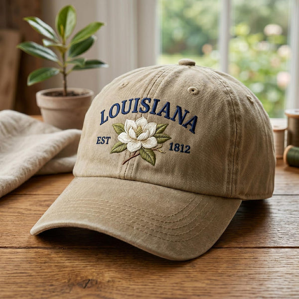 Louisiana Magnolia Flower EST 1812 Southern State Embroidered Hat — Washed Hat