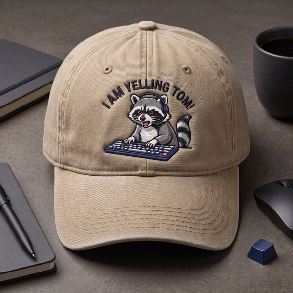 I Am Yelling Tom Raccoon Keyboard Headset Funny Gamer Embroidered Hat — Baseball Cap