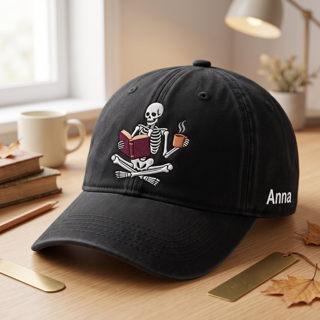 Personalized Skeleton Reading Book Coffee Halloween Embroidered Hat — Washed Hat
