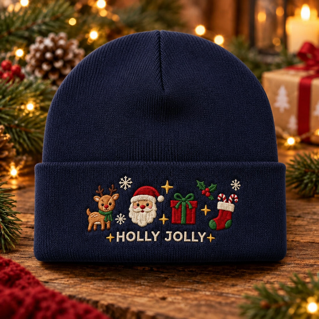 Personalized Holly Jolly Christmas Santa Reindeer Gift Stocking Candy Cane Custom Name Embroidered Beanie
