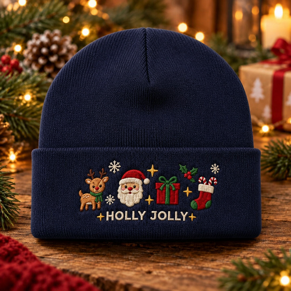Personalized Holly Jolly Christmas Santa Reindeer Gift Stocking Candy Cane Custom Name Embroidered Beanie