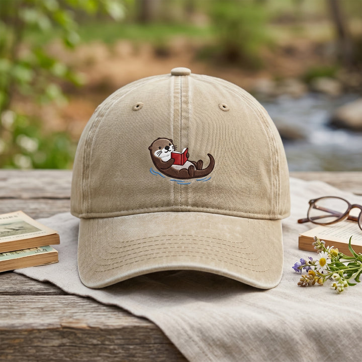 Otter Reading Book Floating Washed Embroidered Hat — Washed Hat