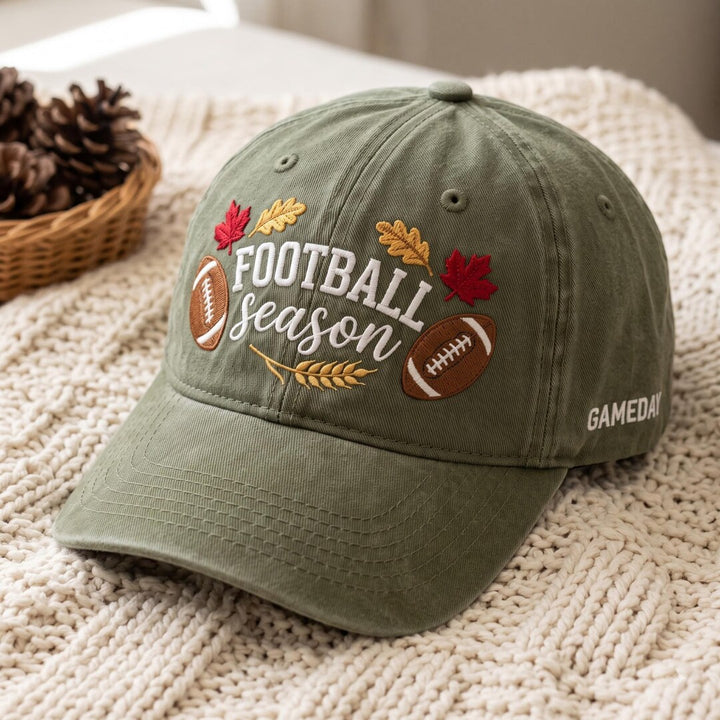 Football Season Fall Leaves Gameday Autumn Washed Embroidered Hat — Washed Hat