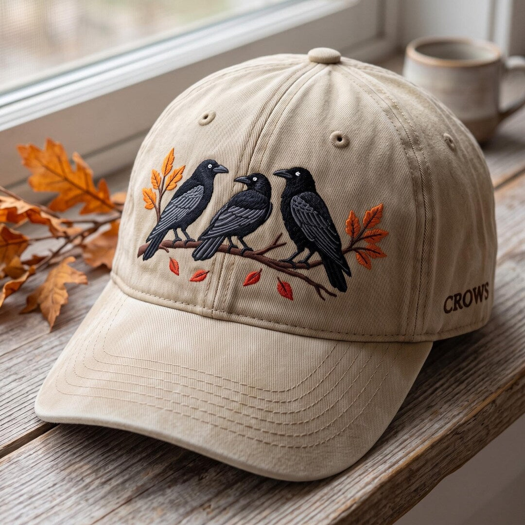 Three Crows Autumn Branch Fall Leaves embroidered two-tone hat — front view