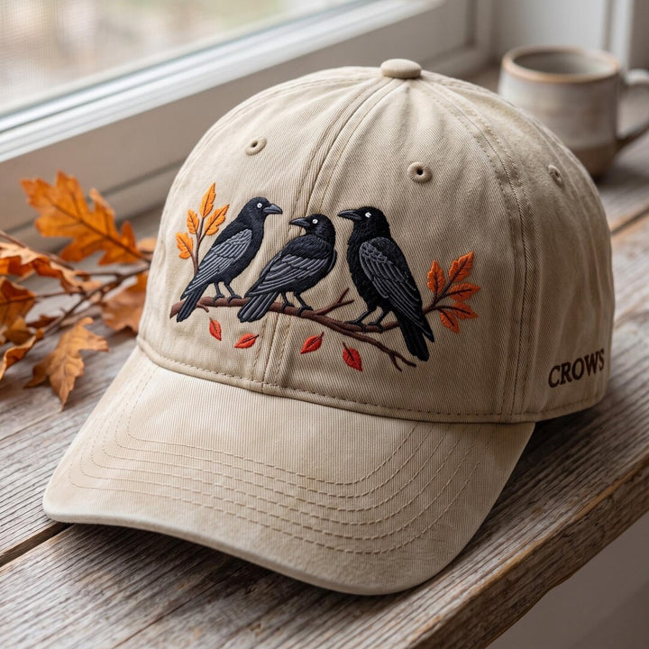 Three Crows Autumn Branch Fall Leaves embroidered two-tone hat — front view