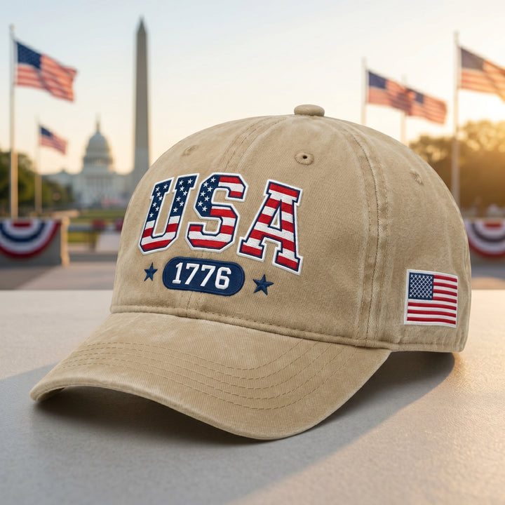 USA 1776 American Flag Stars Stripes Patriotic Embroidered Hat — Washed Hat