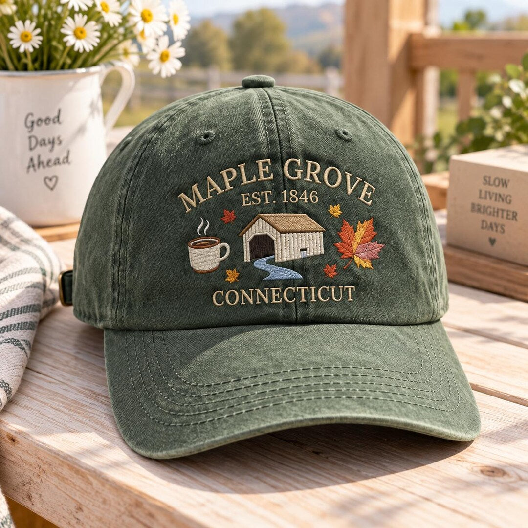 Connecticut Fall Maple Grove Covered Bridge Autumn Leaves Coffee Embroidered Hat — Washed Hat