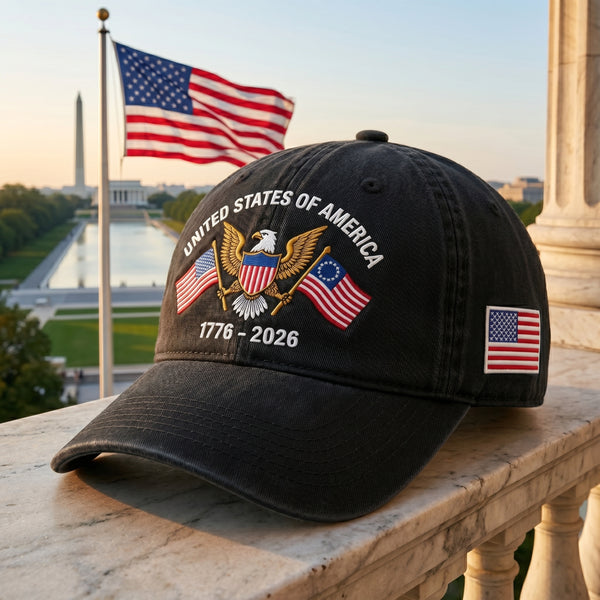United States of America Bald Eagle Dual Flag 1776-2026 Patriotic Embroidered Hat — Washed Hat
