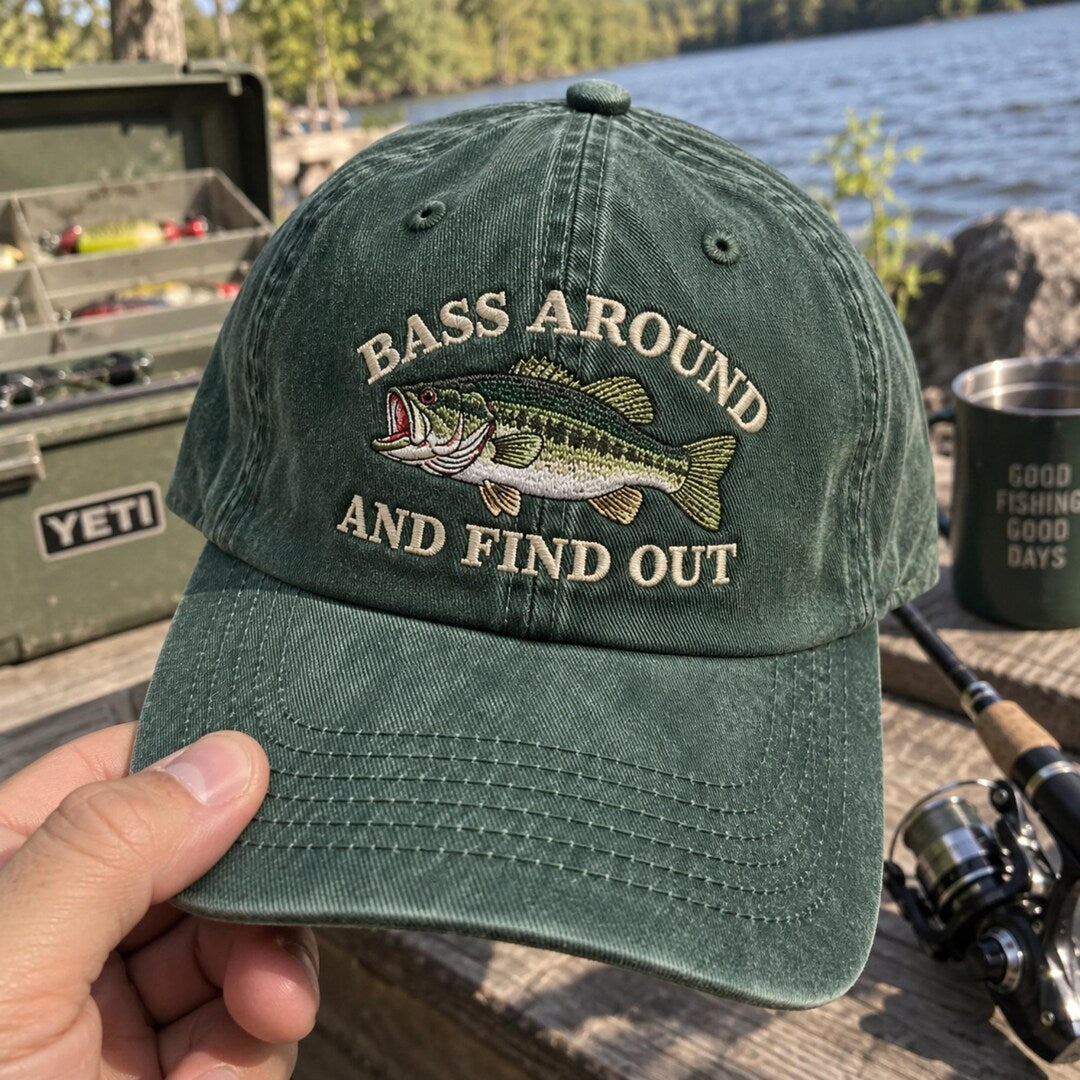 Bass Around And Find Out Largemouth Bass Fishing Embroidered Hat — Washed Hat