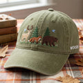 Woodland Animals Deer Fox Bear Birds Pine Trees Forest Scene Embroidered Hat — Washed Hat