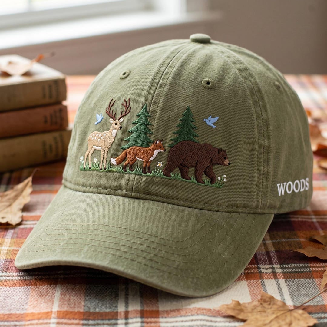 Woodland Animals Deer Fox Bear Birds Pine Trees Forest Scene Embroidered Hat — Washed Hat