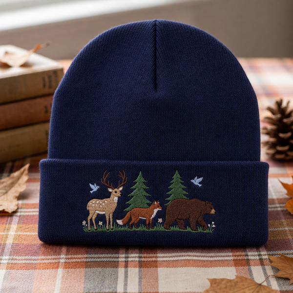 Woodland Animals Deer Fox Bear Birds Pine Trees Forest Scene Embroidered Beanie
