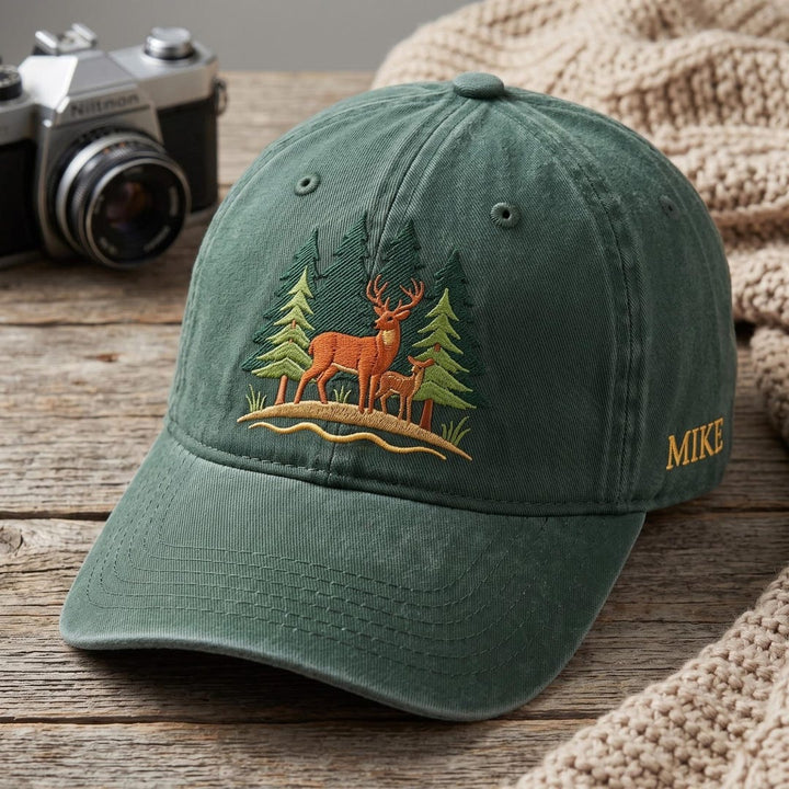Personalized Deer Buck Fawn Pine Forest Scene Embroidered Hat — Baseball Cap