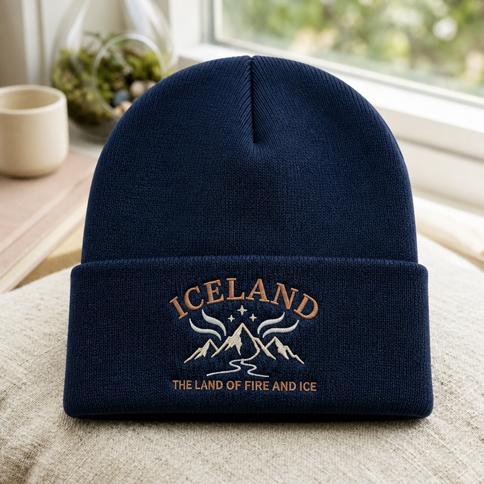 Personalized Iceland The Land of Fire and Ice Mountain Northern Lights Embroidered Beanie