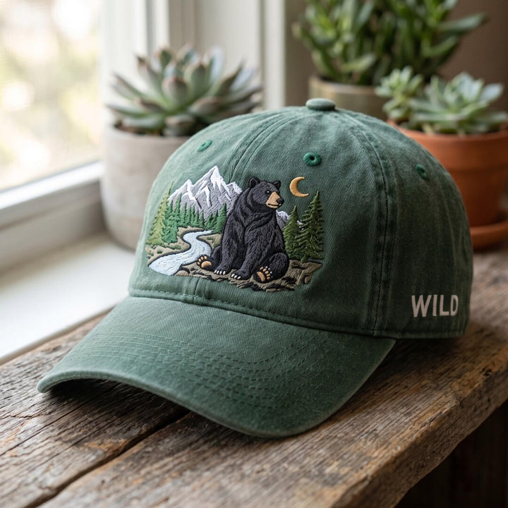 Black Bear Mountain Forest River Moon Scene Wild Outdoor Embroidered Hat — Washed Hat