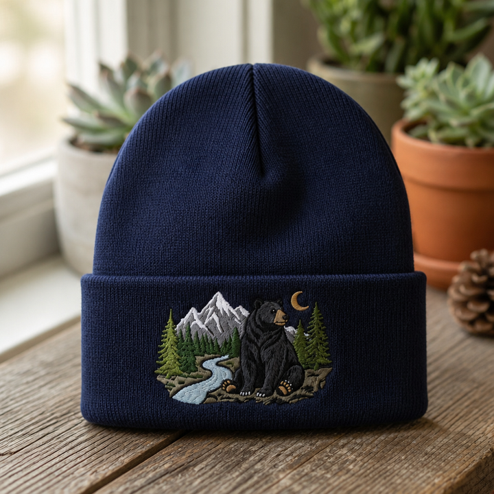Black Bear Mountain Forest River Moon Scene Wild Outdoor Embroidered Beanie