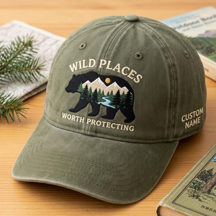 Personalized Wild Places Worth Protecting Black Bear Mountain Embroidered Hat — Washed Hat