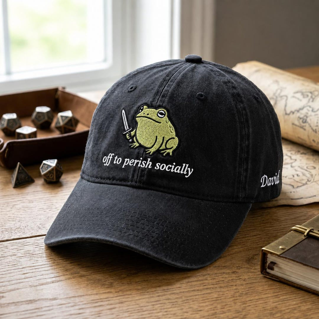 Personalized Funny Frog Sword Off To Perish Socially Gamer Meme Embroidered Hat — Washed Hat