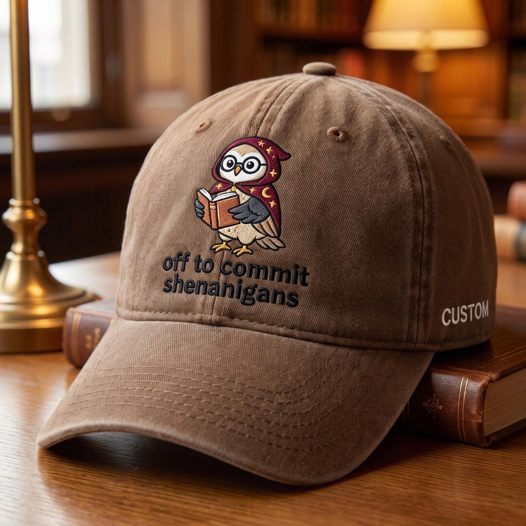 Personalized Wizard Owl Reading Book Off To Commit Shenanigans Embroidered Hat — Washed Hat