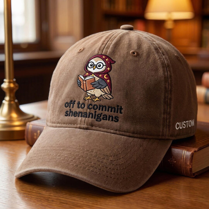 Personalized Wizard Owl Reading Book Off To Commit Shenanigans Embroidered Hat — Washed Hat