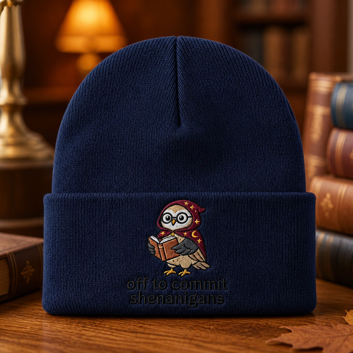 Personalized Wizard Owl Reading Book Off To Commit Shenanigans Embroidered Beanie
