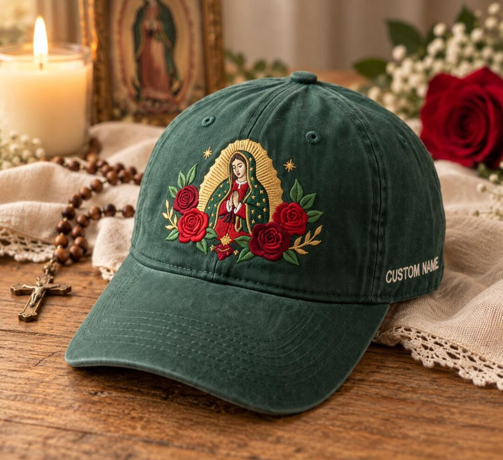 Personalized Virgin Mary Guadalupe Red Roses Catholic Faith Embroidered Hat — Washed Hat