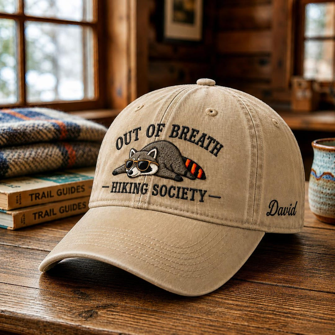 Personalized Lazy Raccoon Sunglasses Out Of Breath Hiking Society Embroidered Hat — Washed Hat