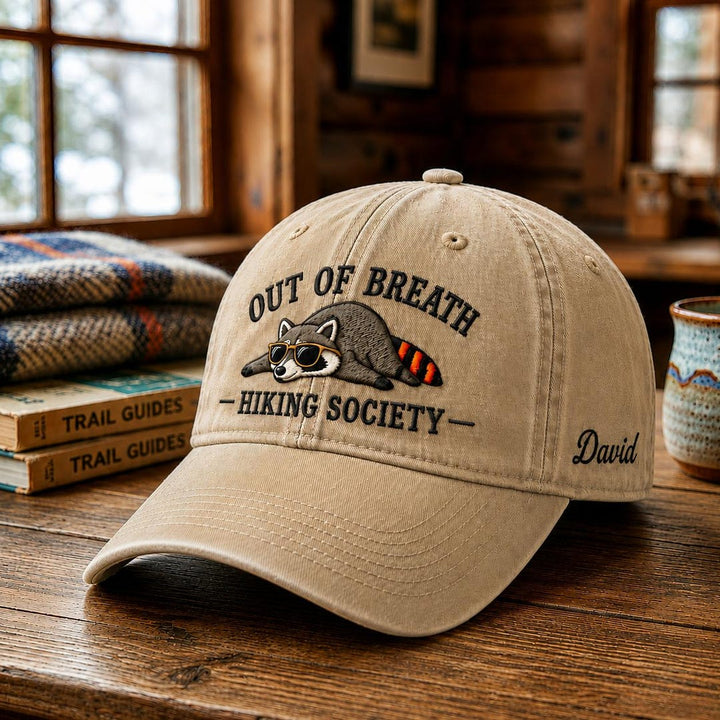Personalized Lazy Raccoon Sunglasses Out Of Breath Hiking Society Embroidered Hat — Washed Hat