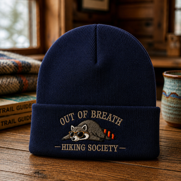 Personalized Lazy Raccoon Sunglasses Out Of Breath Hiking Society Embroidered Beanie