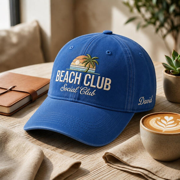 Personalized Beach Club Social Club Palm Tree Sunset Embroidered Hat — Baseball Cap