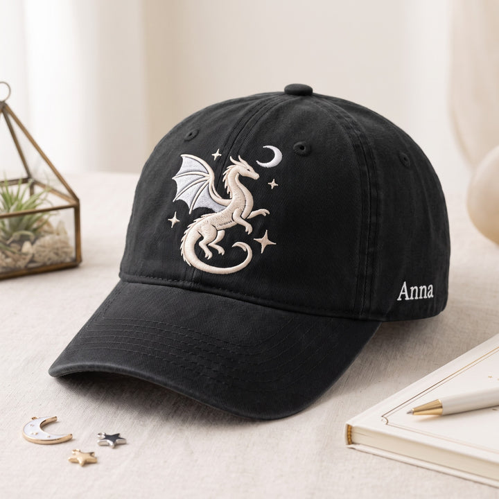 Personalized Dragon Moon Stars Mystical Fantasy Embroidered Hat — Washed Hat