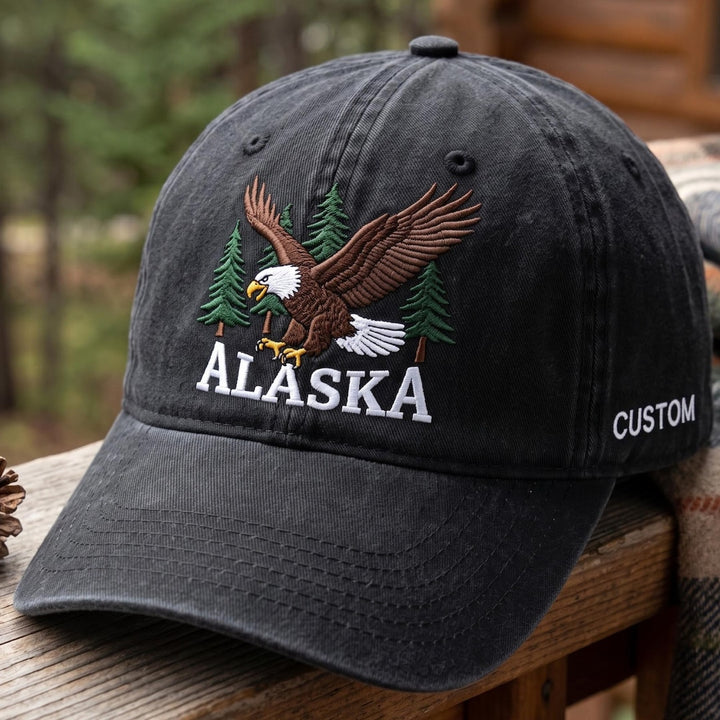 Personalized Alaska Bald Eagle Pine Trees Custom Name Embroidered Hat — Washed Hat