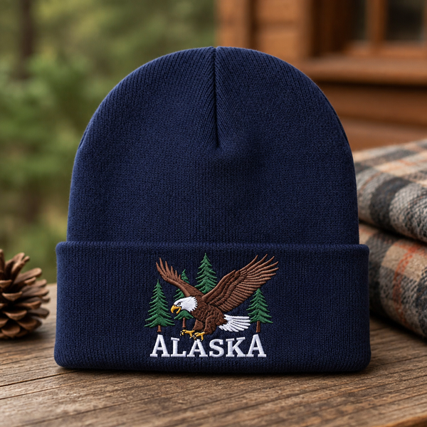 Personalized Alaska Bald Eagle Pine Trees Custom Name Embroidered Beanie