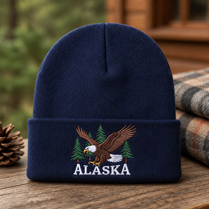 Personalized Alaska Bald Eagle Pine Trees Custom Name Embroidered Beanie