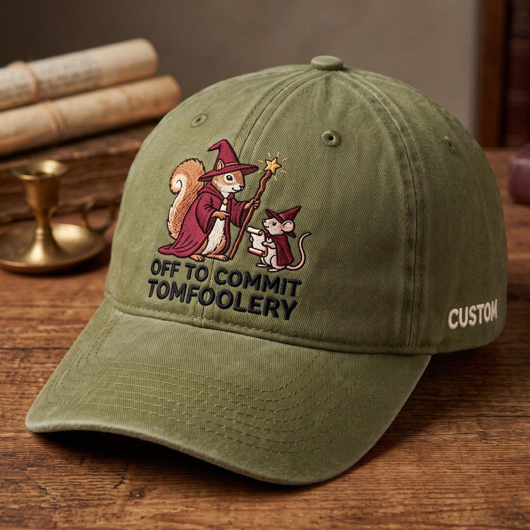 Personalized Wizard Squirrel Mouse Off To Commit Tomfoolery Funny Fantasy Embroidered Hat — Washed Hat