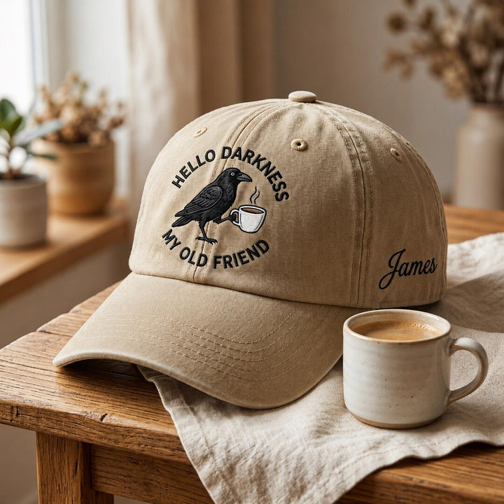 Personalized Hello Darkness My Old Friend Crow Coffee embroidered two-tone hat — front view