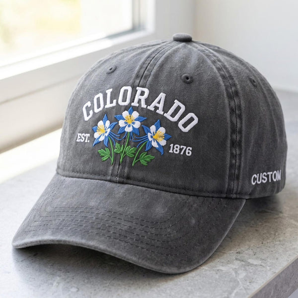 Personalized Colorado Columbine Flower EST 1876 State Pride Custom Name Embroidered Hat — Washed Hat