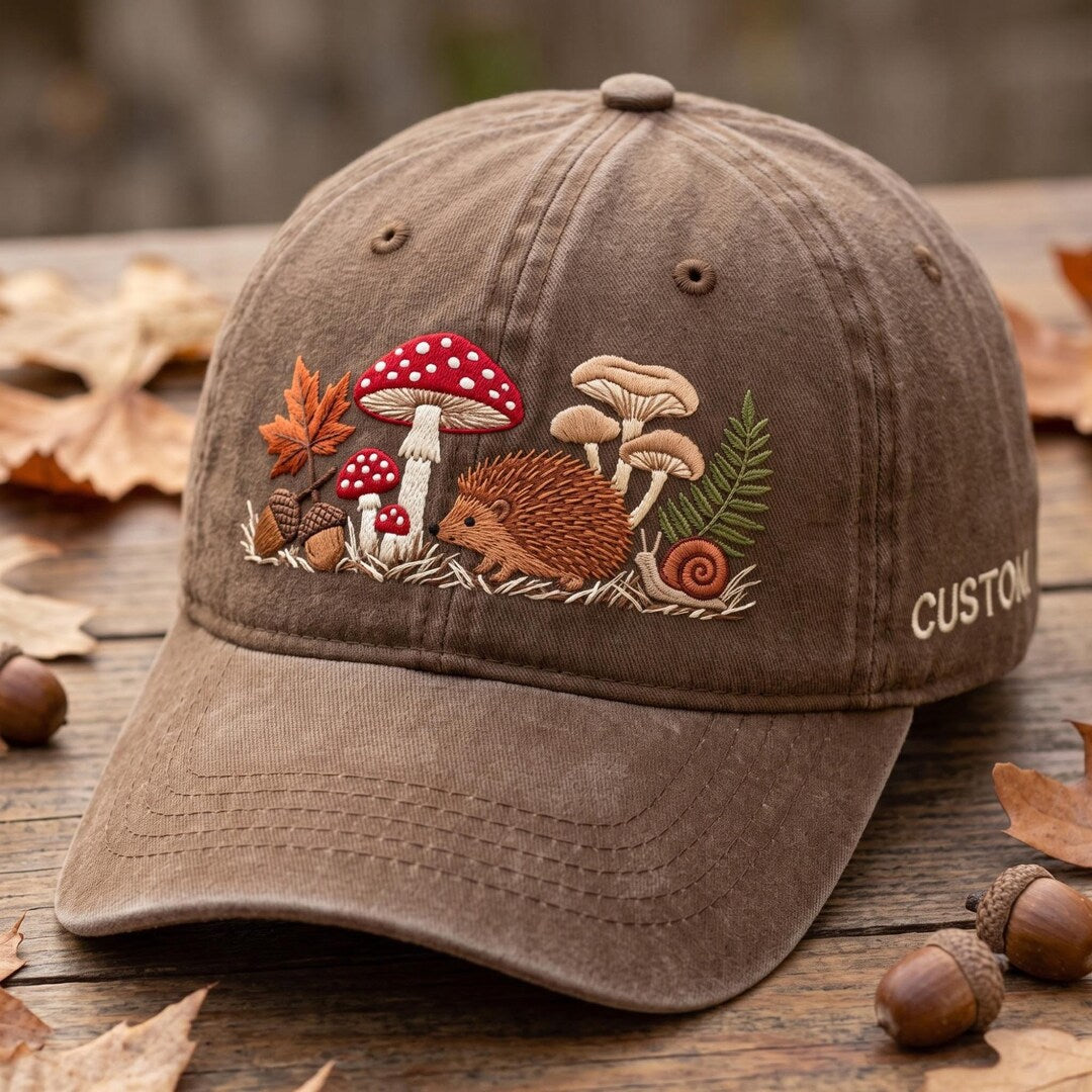 Personalized Hedgehog Mushroom Snail Acorn Fern Autumn Forest Custom Name Embroidered Hat — Washed Hat