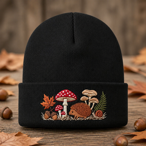 Personalized Hedgehog Mushroom Snail Acorn Fern Autumn Forest Custom Name Embroidered Beanie
