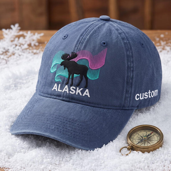Personalized Alaska Moose Northern Lights Aurora Silhouette Embroidered Hat — Washed Hat