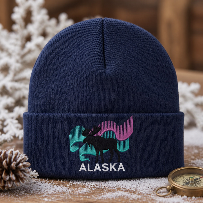 Personalized Alaska Moose Northern Lights Aurora Silhouette Embroidered Beanie
