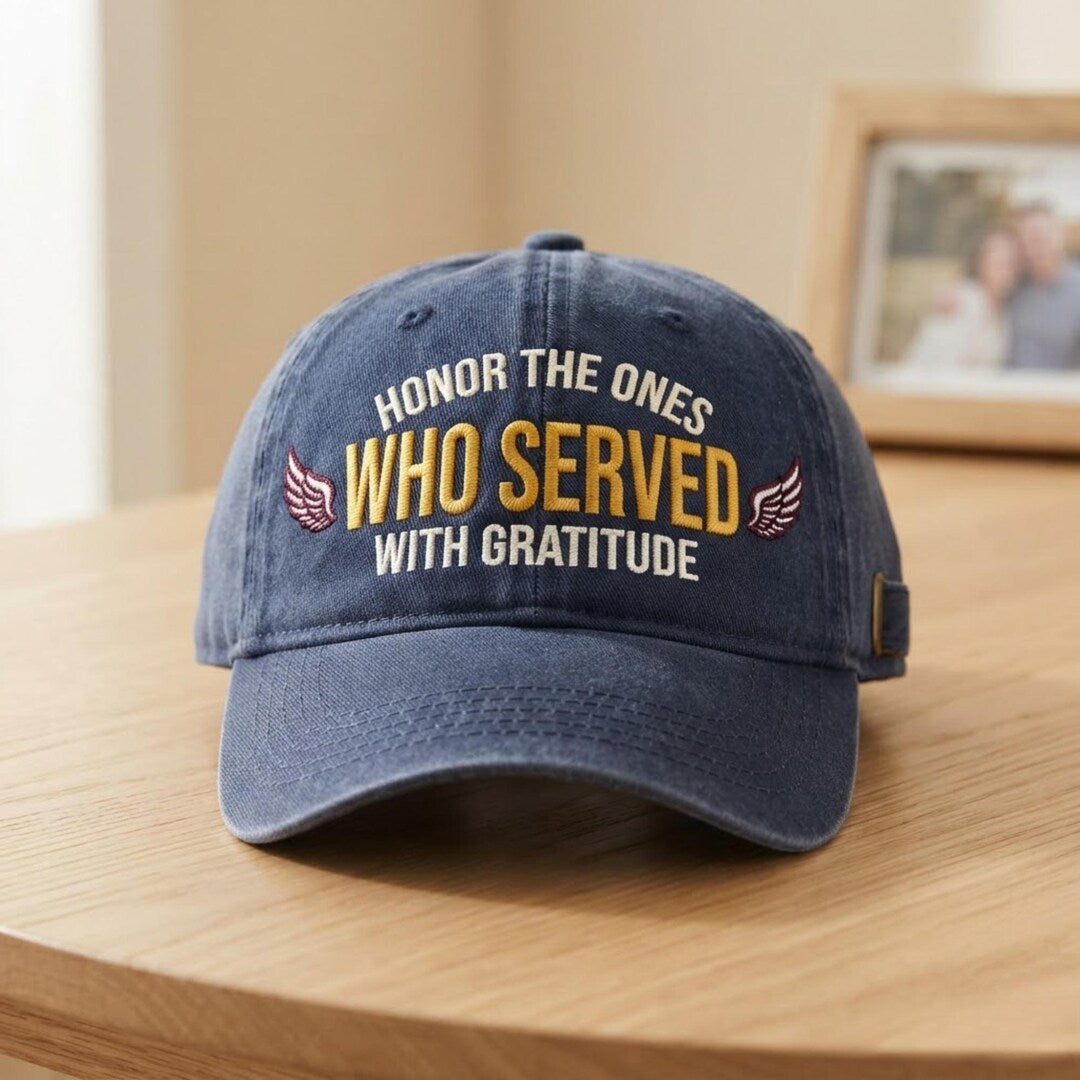 Honor The Ones Who Served With Gratitude Angel Wings Military Embroidered Hat — Washed Hat