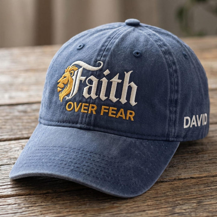 Personalized Faith Over Fear Lion Christian Embroidered Hat — Washed Hat