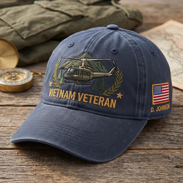 Personalized Vietnam Veteran Huey Helicopter American Flag Embroidered Hat — Washed Hat