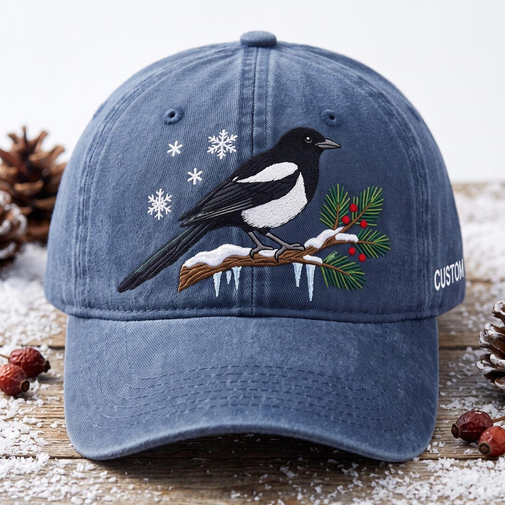 Personalized Winter Magpie Snowy Pine Branch Snowflakes Custom Name Embroidered Hat — Washed Hat