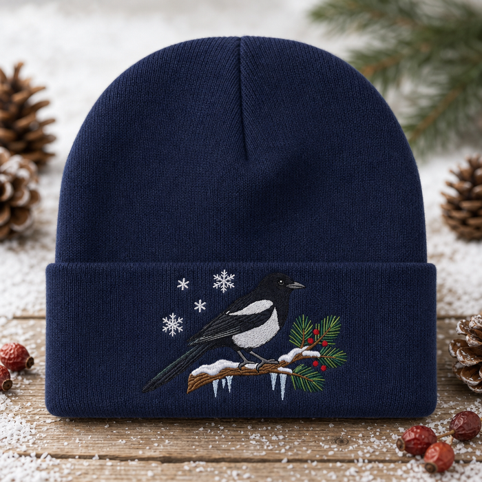 Personalized Winter Magpie Snowy Pine Branch Snowflakes Custom Name Embroidered Beanie