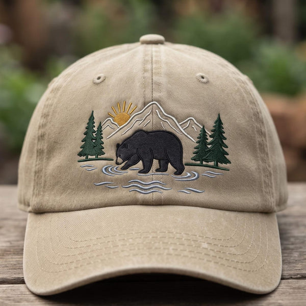 Bear Mountain Forest River Scene Outdoor Nature Embroidered Hat — Washed Hat